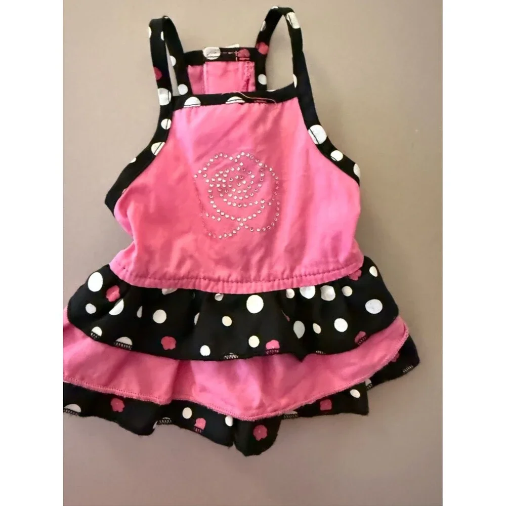 Pink Polka-Ruffle Dog/Cat Dress with Rhinestone Rose Accent